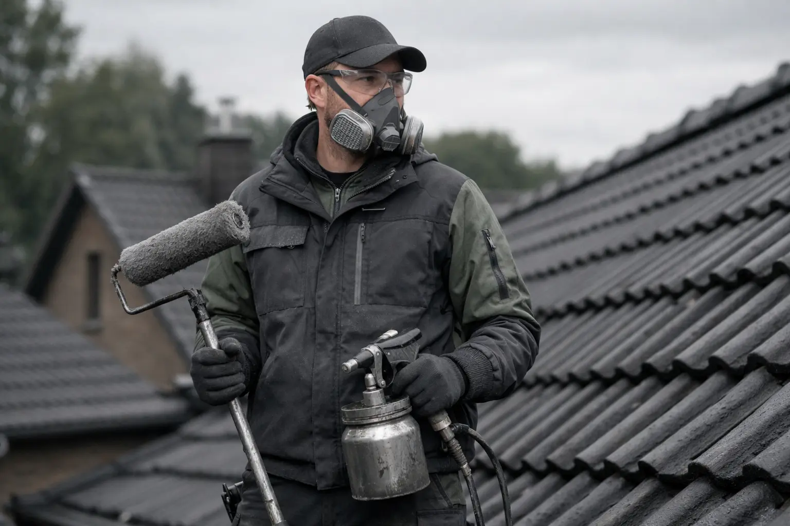 Roof coating technician with professional tools on a residential roof in Kiel
