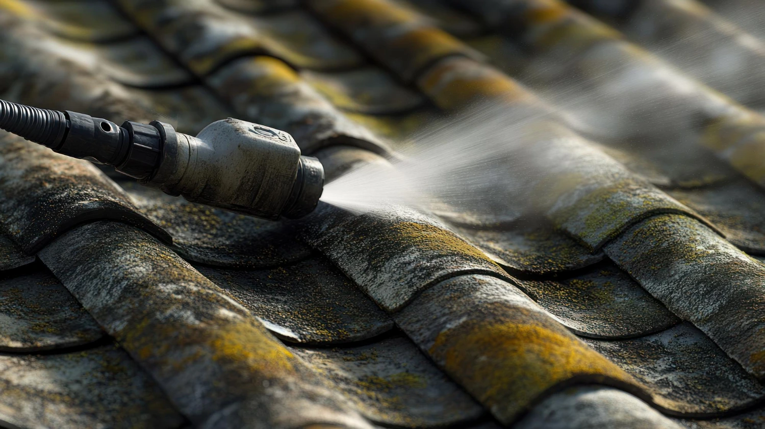 Professional roof cleaning with high-pressure equipment as preparation for roof coating in Kiel